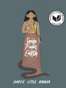 Book cover for A Snake Falls to Earth. A young woman in a yellow tank top and rust skirt listens through a pair of headphones. A snake curls around her feet