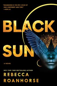 Book cover for Black Sun. A raven flies out from the bottom half of a feminine face. Behind the raven a sliver of sun peeks out behind the total darkness of the moon, creating an eclipse.