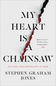 Book cover for My Heart is a Chainsaw. The white background is torn like paper with red peeking out, going through the title of the title of the book.