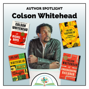 Portrait of author Colson Whitehead surrounded by four of his books.
