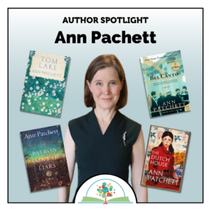 Portrait of author Ann Patchett surrounded by four of her books