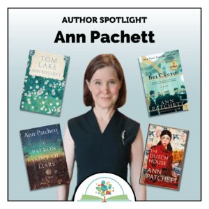 Portrait of author Ann Patchett surrounded by four of her books