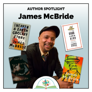 Portrait of James McBride surrounded by four of his books