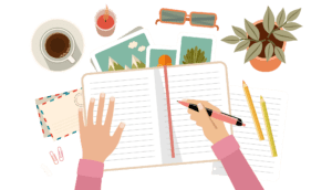 Canva graphic, a pair of hands writing in a notebook.