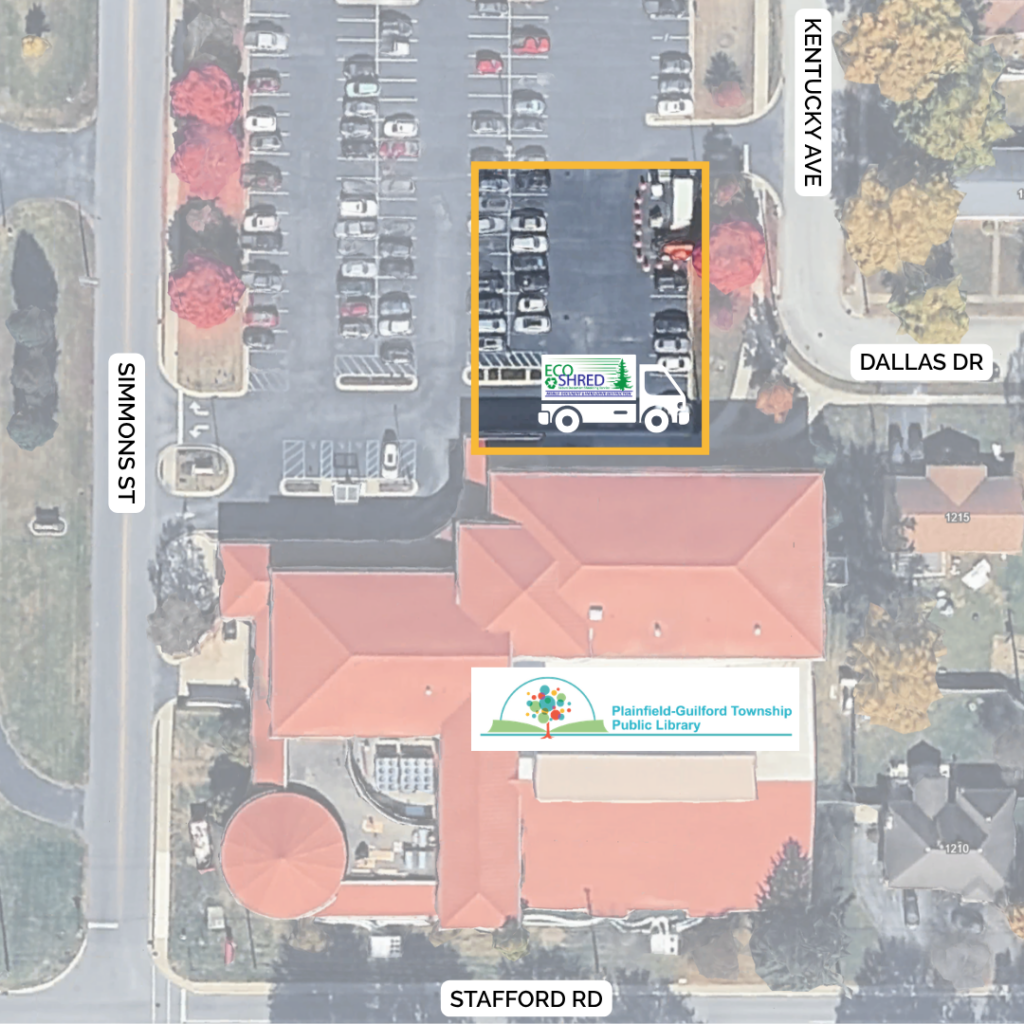 Plainfield Library parking lot with Eco Shred truck in the southeast corner