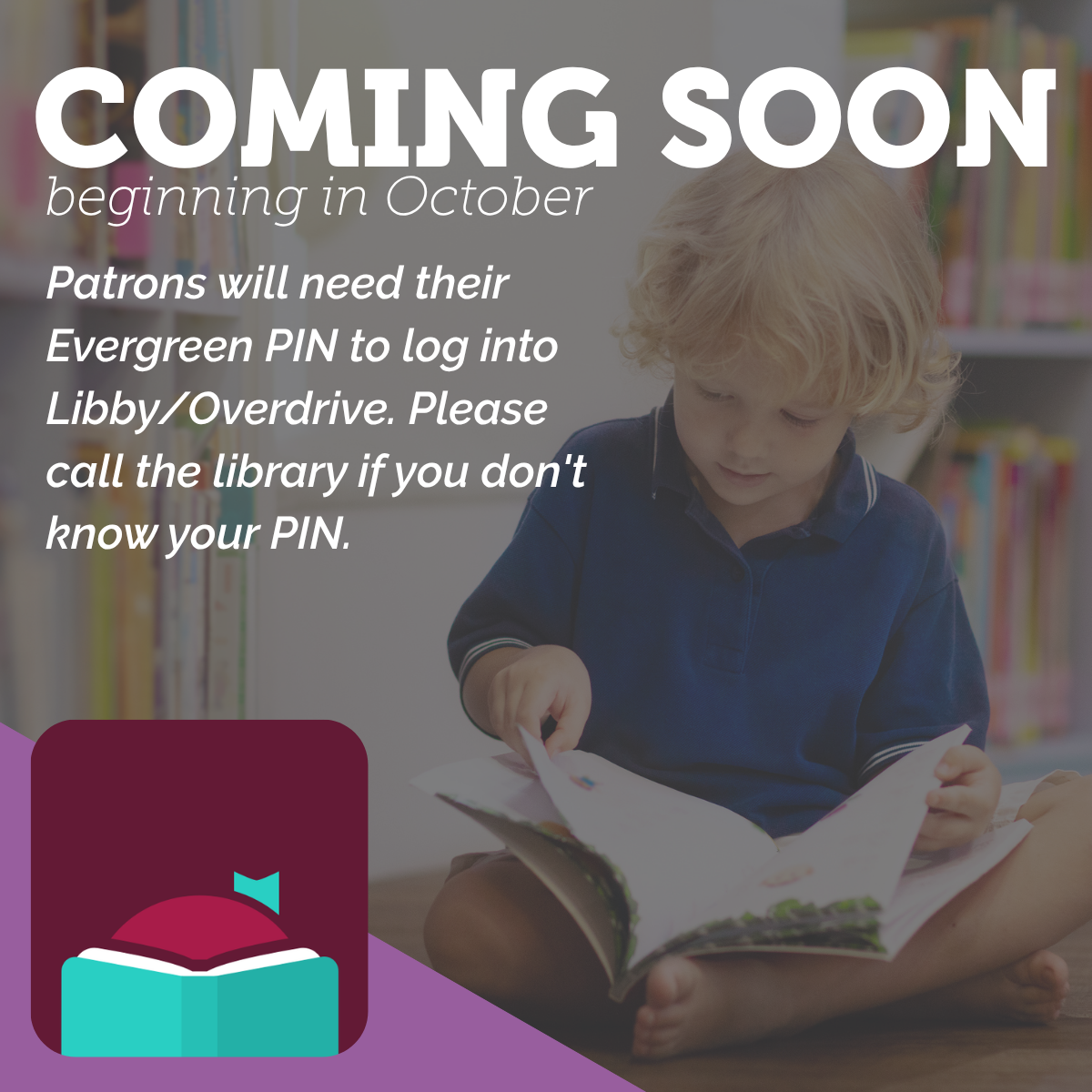 Beginning in October patrons will need their Evergreen PIN to log into Libby/OverDrive. Please call the library if you don't know your PIN.